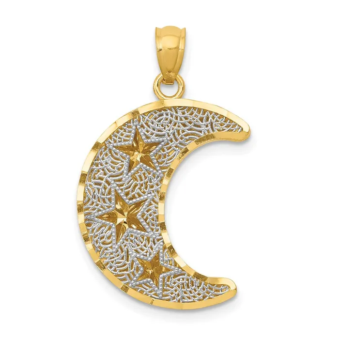 14k Yellow Rhodium Gold wRhodium Diamondcut 2Level Stars in Moon Pendant Goldia Necklaces