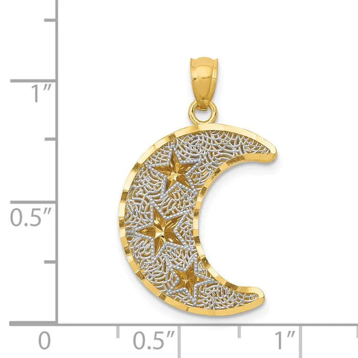 14k Yellow Rhodium Gold wRhodium Diamondcut 2Level Stars in Moon Pendant Goldia Necklaces