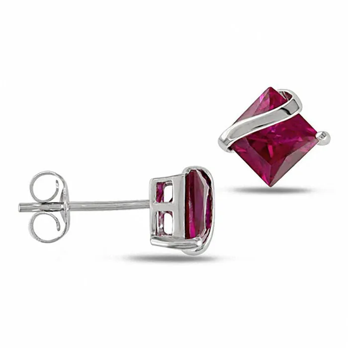 Goldia Earrings 60mm PrincessCut LabCreated Ruby Swirl Stud Earrings in 10K White Gold