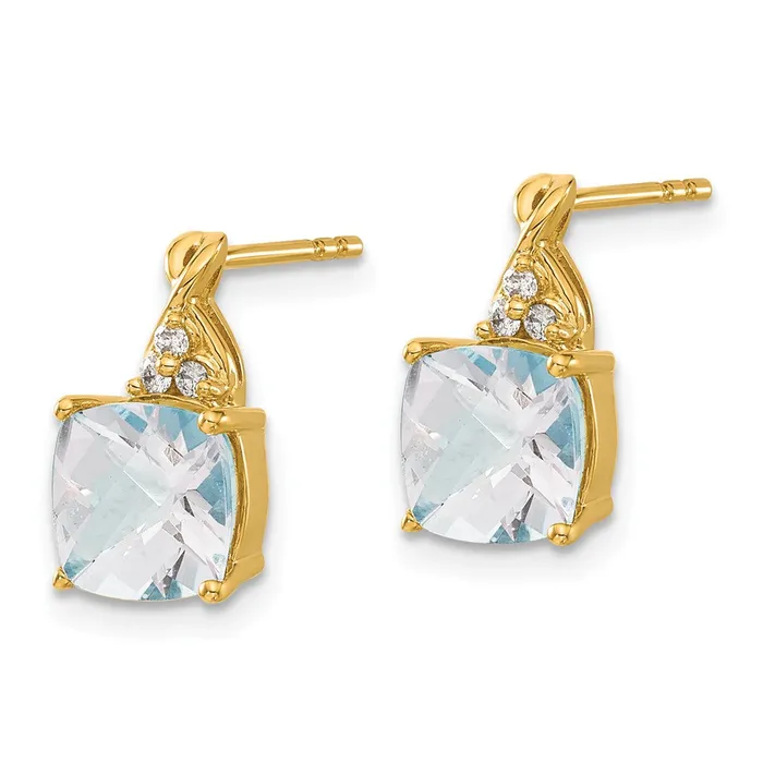 Goldia Solid 14k Yellow Gold ChecKerboard Simulated Aquamarine and CZ Earrings Earrings
