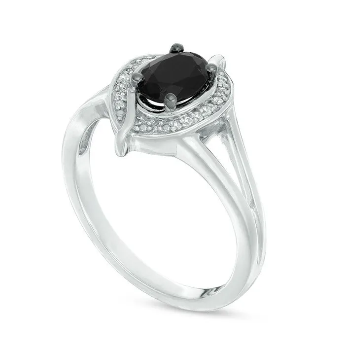 Oval LabCreated Black Sapphire and 005 CT TW Diamond Bead Bypass Swirl Frame Ring in Sterling Silver Goldia Rings Oval LabCreated Black Sapphire and 005 CT TW Diamond Bead Bypass Swirl Frame Ring in Sterling Silver Goldia Rings