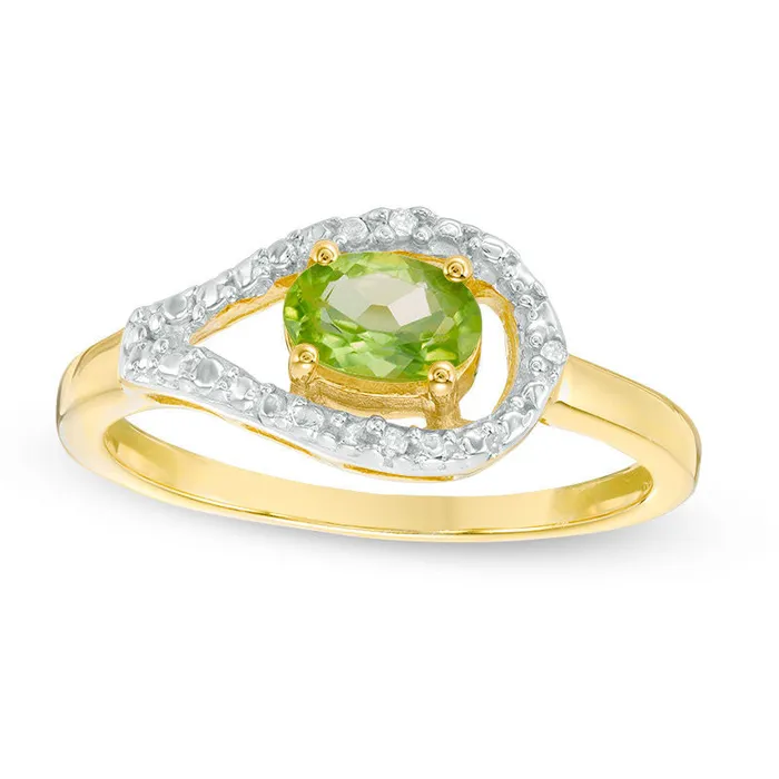 Oval Peridot and Natural Diamond Accent Teardrop Frame Ring in Sterling Silver with Solid 14K Gold Plate Goldia Rings