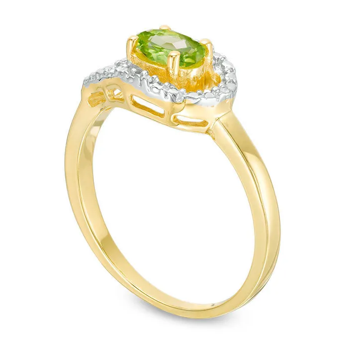 Oval Peridot and Natural Diamond Accent Teardrop Frame Ring in Sterling Silver with Solid 14K Gold Plate Goldia Rings Oval Peridot and Natural Diamond Accent Teardrop Frame Ring in Sterling Silver with Solid 14K Gold Plate Goldia Rings
