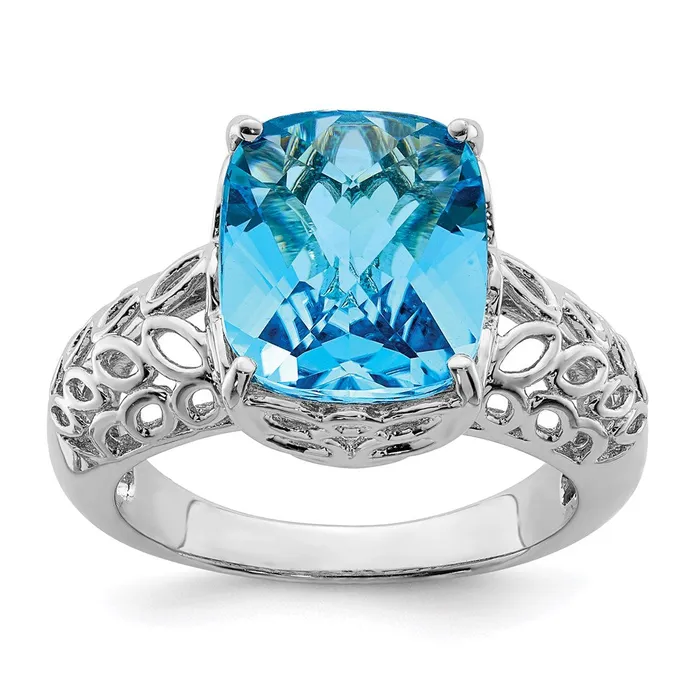 Rings Sterling Silver Rhodium CheckerCut Blue Topaz Ring Goldia