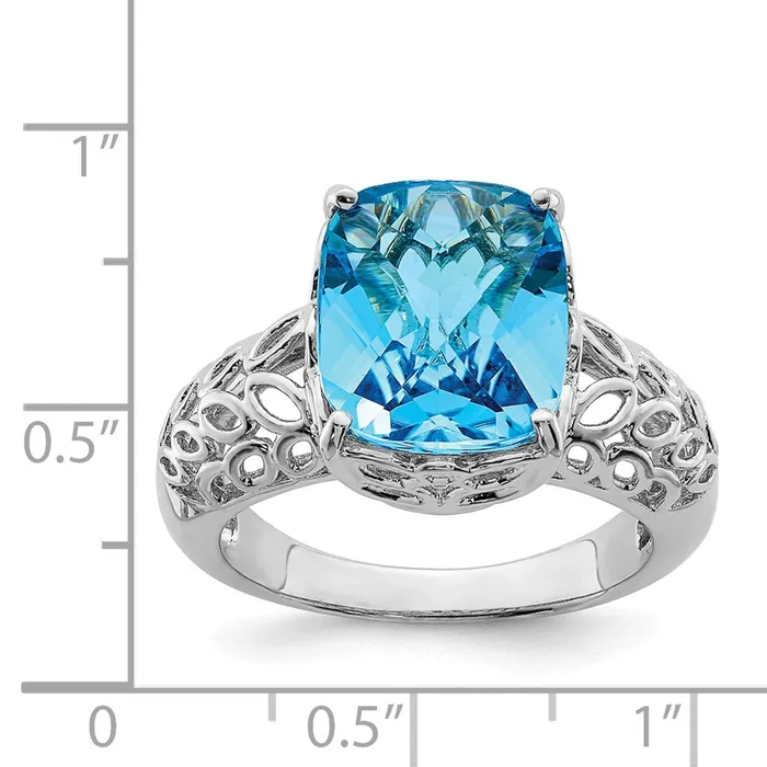 Rings Sterling Silver Rhodium CheckerCut Blue Topaz Ring Goldia