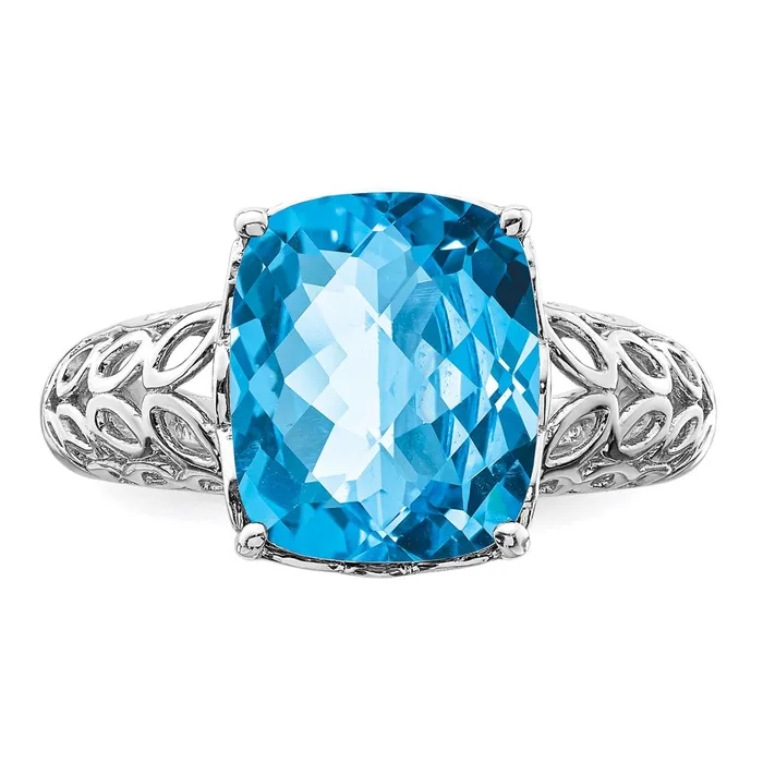 Rings Sterling Silver Rhodium CheckerCut Blue Topaz Ring Goldia