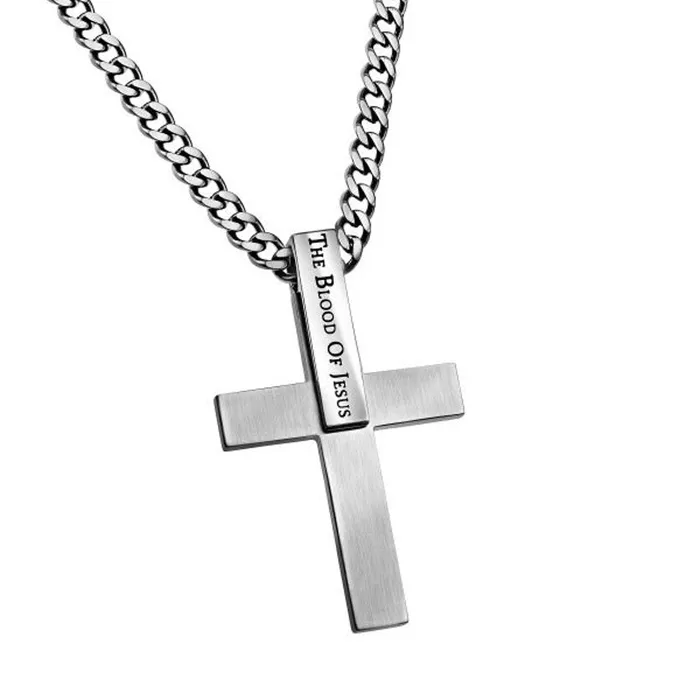 Necklaces North Arrow Shop BLOOD OF JESUS Bible Verse Simple Cross Pendant with Stainless Steel Curb Chain