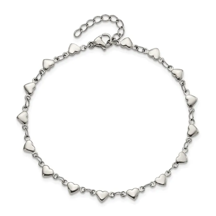 Stainless Steel Polished Hearts 9in with 1in ext Anklet TreasureFineJewelers Bracelets