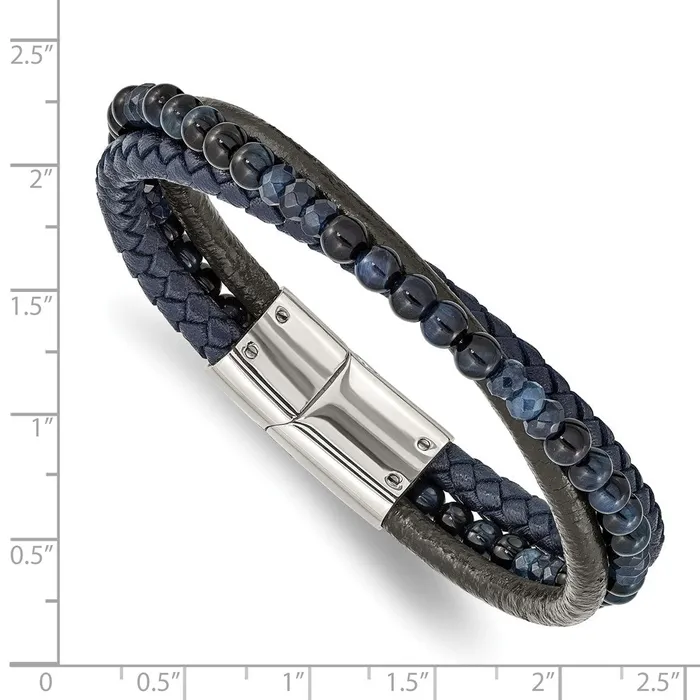 TreasureFineJewelers Bracelets Chisel Stainless Steel Polished Multi Strand Blue Chalcedony and Tigers Eye Beaded Black and Blue Leather 825 inch Bracelet