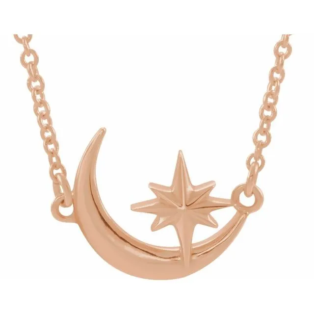 TreasureFineJewelers Necklaces 14K Rose Gold Crescent Moon Star 1618 Necklace