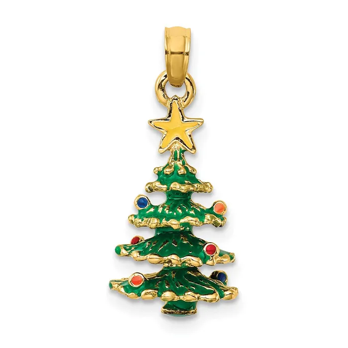 TreasureFineJewelers Necklaces 14k Yellow Gold 3D Enameled Christmas Tree Pendant