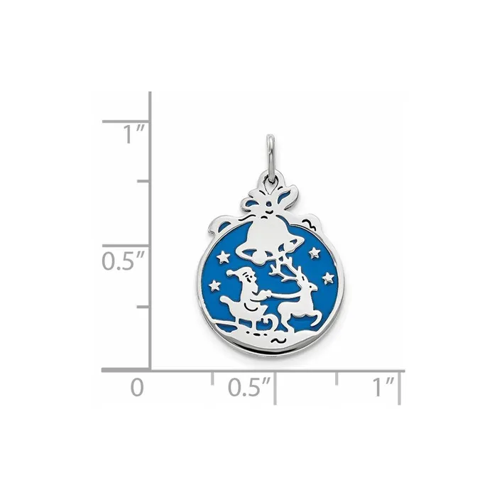 TreasureFineJewelers Necklaces Sterling Silver Polished Blue Enamel Santa wReindeer Circle Pendant