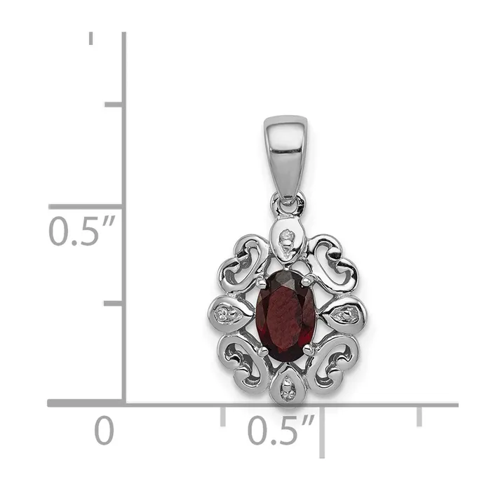 TreasureFineJewelers Necklaces Sterling Silver Rhodium Plated Diamond Garnet Oval Pendant