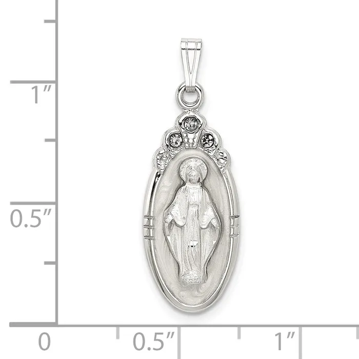 TreasureFineJewelers Sterling Silver White Epoxy Crystal Miraculous Medal Pendant Necklaces