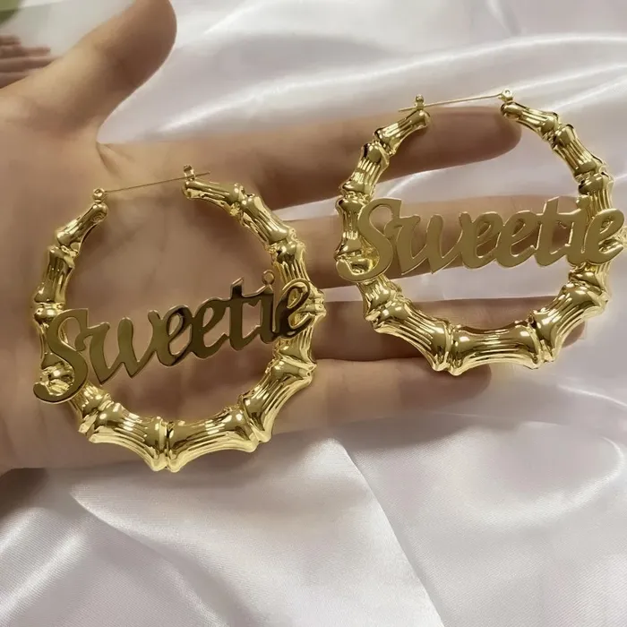KHLOE JEWELS Custom Jewelry Earrings Bamboo Custom Name Hoop Earrings