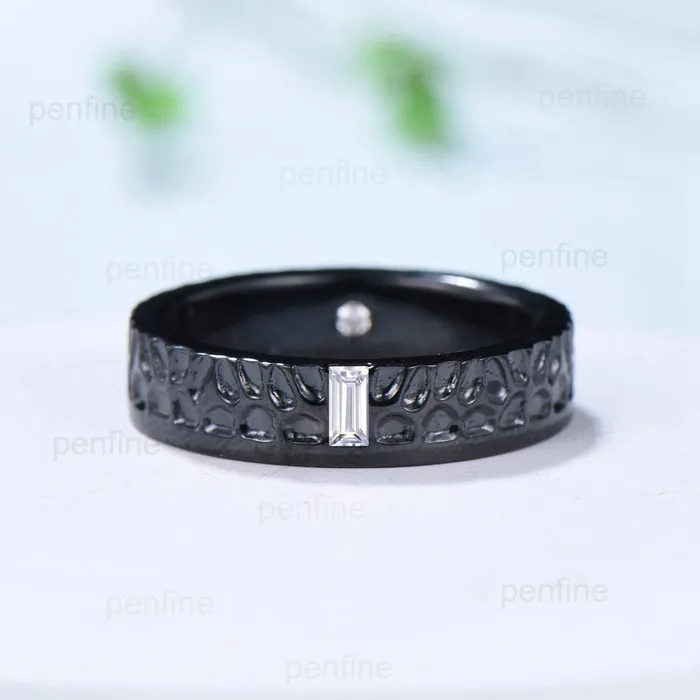 Black Gold Moissanite Men Wedding Band Baguette Hammer Mens Wedding Ring Solitaire 5mm Stacking Matching Band Retro Vintage Gift PENFINE Rings
