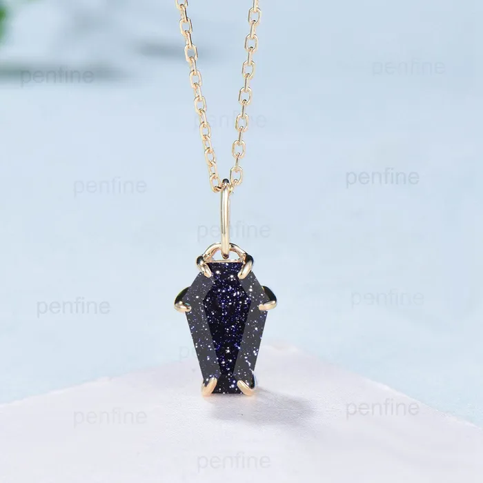 Necklaces PENFINE Dainty Coffin blue sandstone necklace solid 14k 18k rose gold vintage unique Personalized minimalist blue goldstone pendant anniversary gift