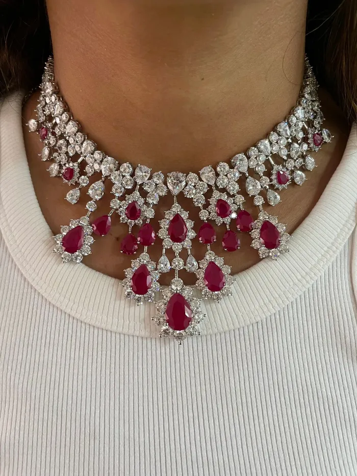 Necklaces PRERTO ECOMMERCE PRIVATE LIMITED Rose Diamond Ruby Drops Necklace Set