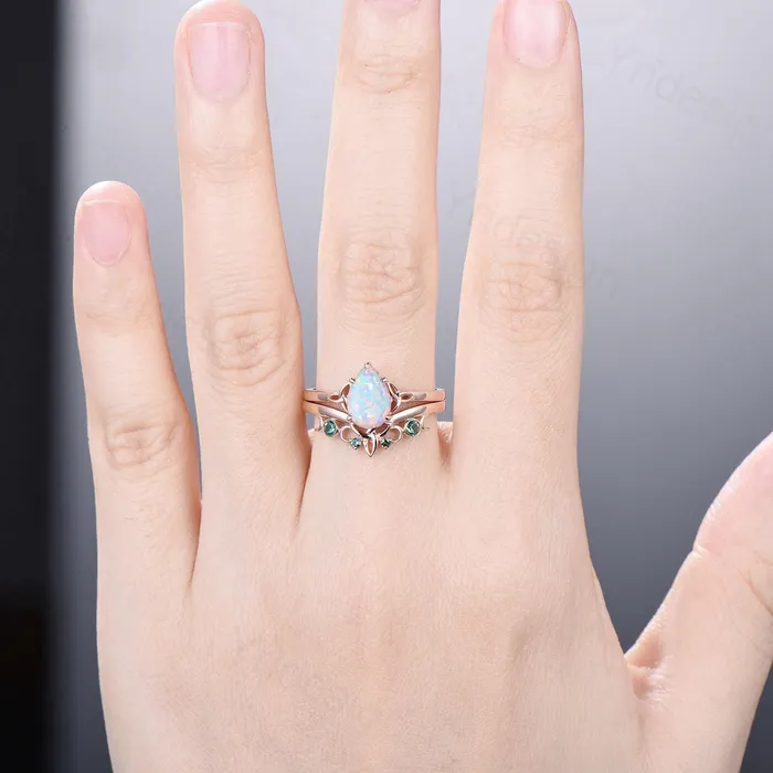 PENFINE Rings Celtic Knot White Opal Bridal Ring Set 6x9mm Pear Shaped Fire Opal Engagement Ring Set Emerald Stacking Matching Band Anniversary Gift