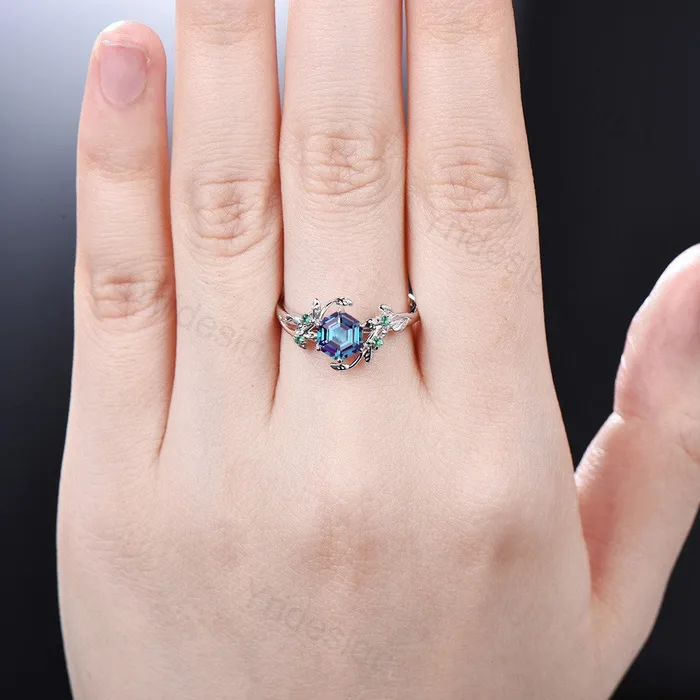 Rings 14K Rose Gold Vintage alexandrite ring Unique Leaf vine wedding ring women Hexagon cut engagement ring cluster emerald alternative ring PENFINE