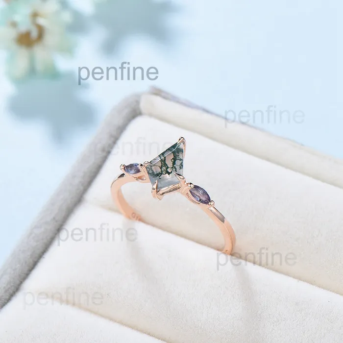 Rings PENFINE Vintage kite cut green moss agate engagement ring 14k rose gold marquise cut alexandrite ring for women unique bridal wedding ring for her