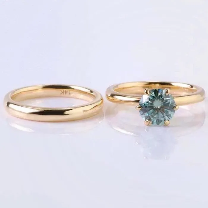 AlbrechtJewellery Rings Teal Green Solitaire Montana Sapphire Engagement Wedding Ring Set 14K Gold