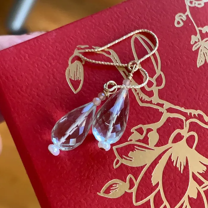 Green Amethyst Lantern Earrings Peach Moonstone and Pearl a Love Vintage Paris Earrings