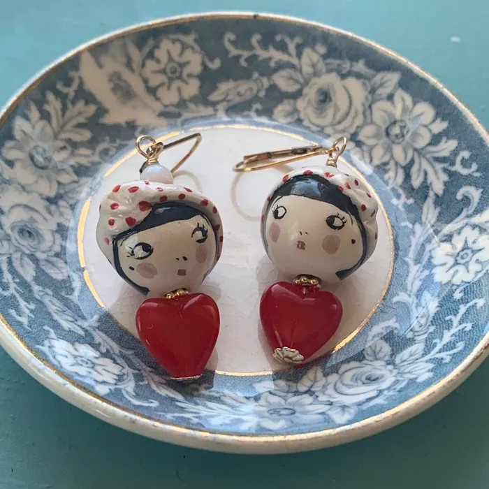 Love Vintage Paris Parisian Lady Earrings Porcelain and Glass Gold Filled Handmade Earrings