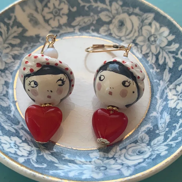 Love Vintage Paris Parisian Lady Earrings Porcelain and Glass Gold Filled Handmade Earrings