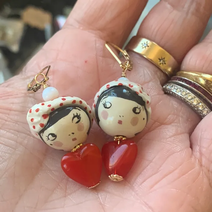 Love Vintage Paris Parisian Lady Earrings Porcelain and Glass Gold Filled Handmade Earrings