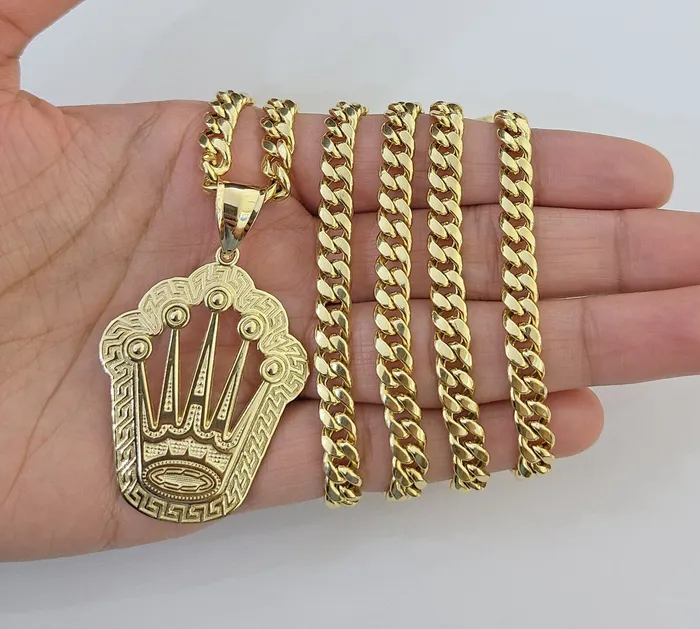 Charm Necklaces 10K Yellow Gold Crown Pendent Charm 6mm Miami Cuban Link Chain 18 30 Inch globalwatches10