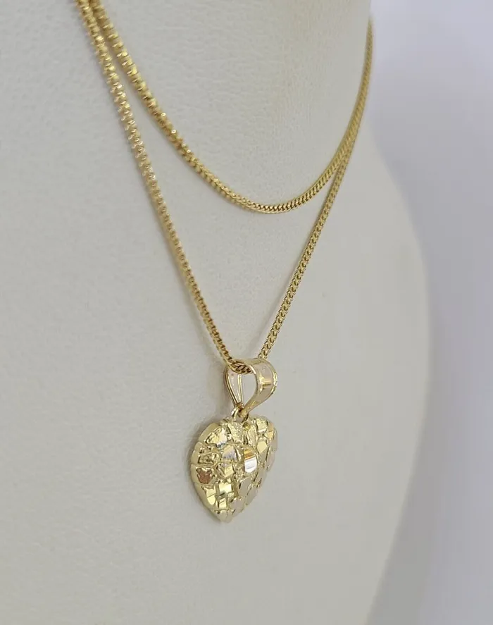 Globalwatches10 Necklaces 10K Solid Franco Chain Nugget Heart Pendant Charm Necklace 1824 1mm Gold