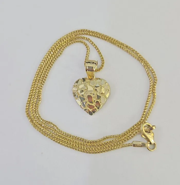 Globalwatches10 Necklaces 10K Solid Franco Chain Nugget Heart Pendant Charm Necklace 1824 1mm Gold