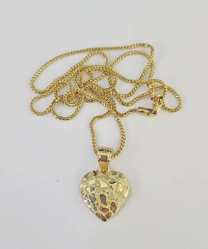 Globalwatches10 Necklaces 10K Solid Franco Chain Nugget Heart Pendant Charm Necklace 1824 1mm Gold