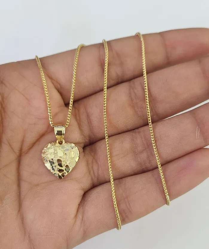 Globalwatches10 Necklaces 10K Solid Franco Chain Nugget Heart Pendant Charm Necklace 1824 1mm Gold