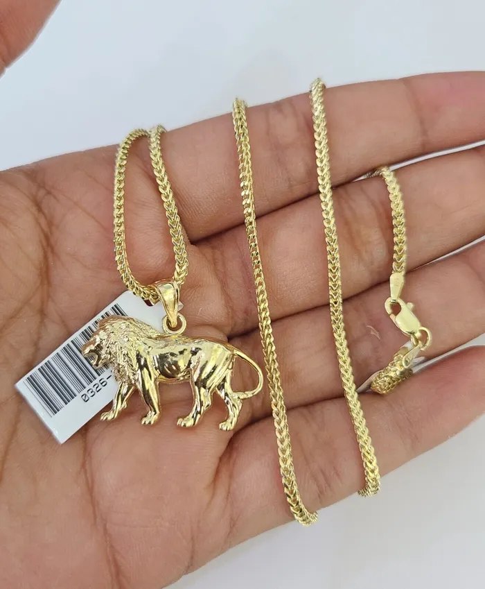 Gold and Diamond 10K Franco Chain Lion Pendant Charm Necklace 1624 2mm Yellow Gold SET Necklaces