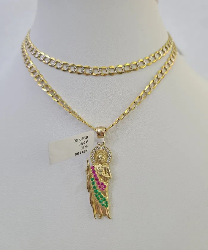 Gold and Diamond Charm Necklaces 10k Gold Chain Saint Jude Charm Solid Cuban Curb Link 5mm 1828 Inch SET