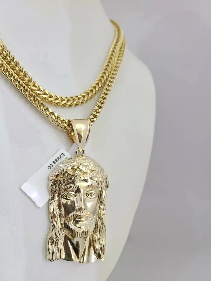 Gold and Diamond Necklaces 10K Franco Chain Necklace Jesus Head Pendant Charm 2028 4mm Yellow Gold SET
