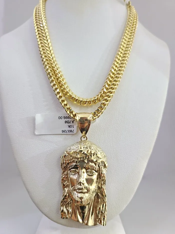 Gold and Diamond Necklaces 10K Franco Chain Necklace Jesus Head Pendant Charm 2028 4mm Yellow Gold SET
