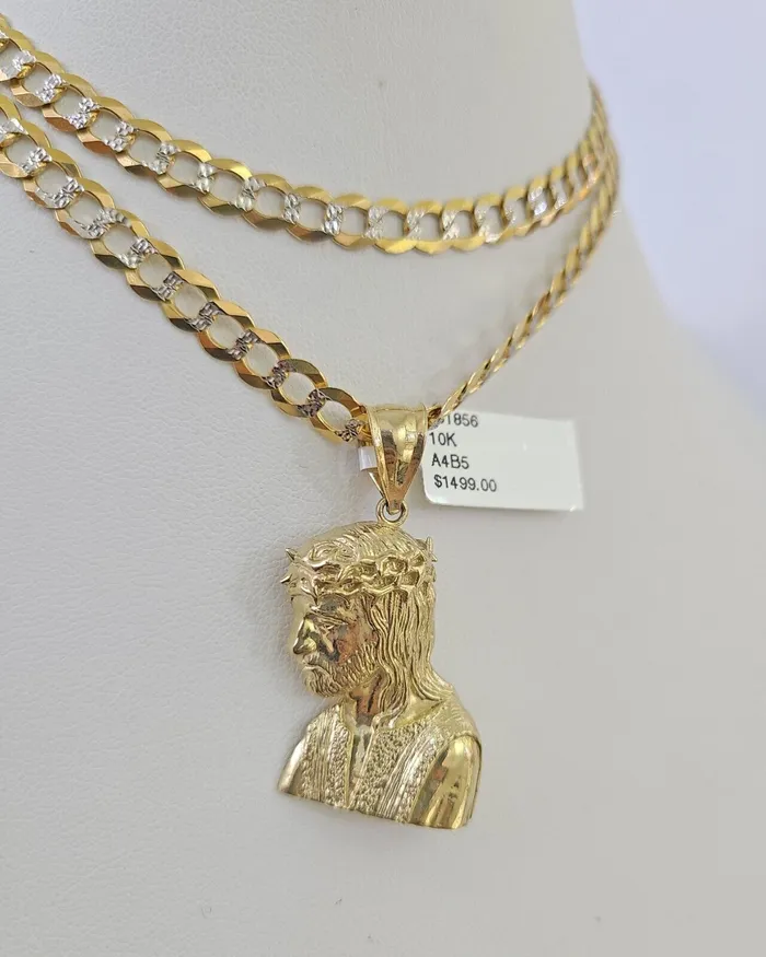 Gold and Diamond Necklaces 10k Solid Gold Cuban Curb Chain Jesus Head Pendant 6mm 2030 SET Necklace
