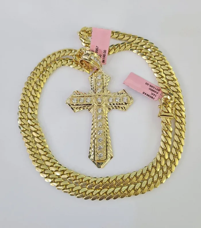 Gold and Diamond Real 14k Solid Chain Cross Charm Set Miami Cuban Link 6mm Necklace Pendant Gold Necklaces