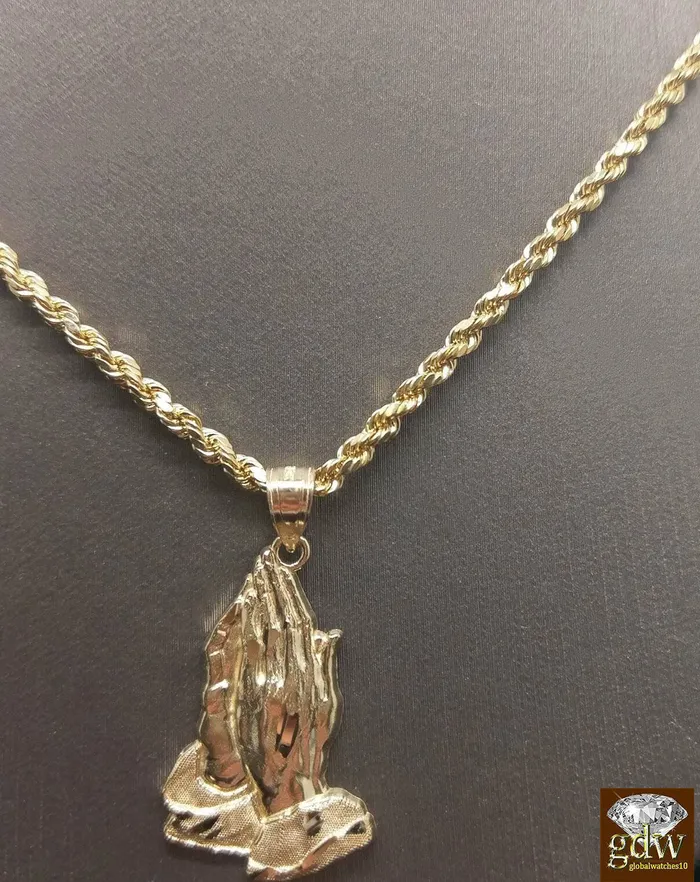 Necklaces Gold and Diamond 10k Yellow Gold Rope Chain Necklace 20 Praying Hand Charm Pendant Unisex