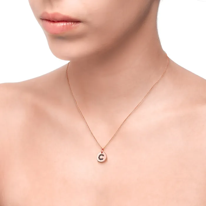 Necklaces Spirito Rosa Magna C Letter Necklace Black CZ Rose Gold Plated 925 Silver