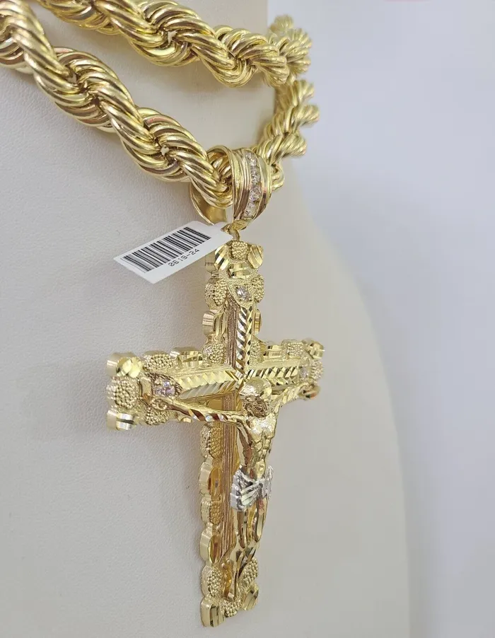 Real 10k Rope Chain Jesus Cross Charm Set 12mm 2030 Inch Necklace Yellow Gold Globalwatches10 Necklaces
