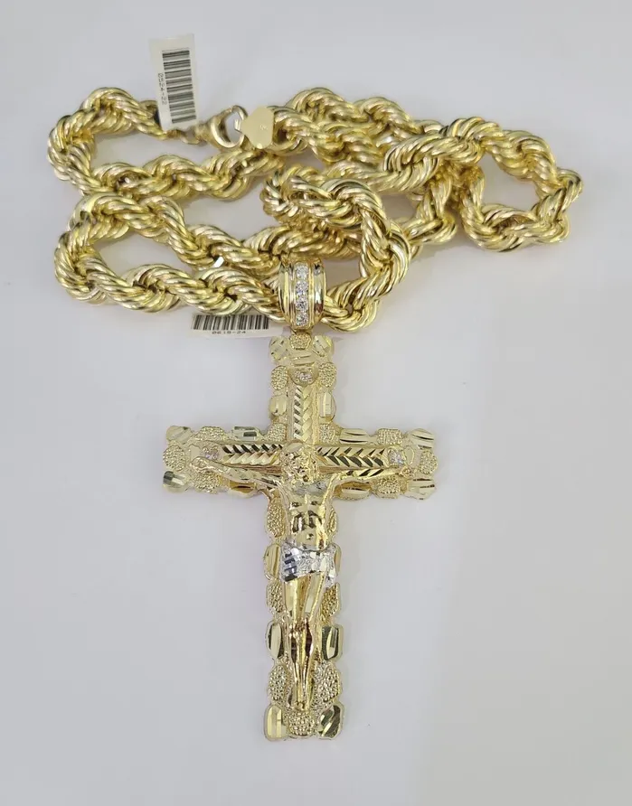 Real 10k Rope Chain Jesus Cross Charm Set 12mm 2030 Inch Necklace Yellow Gold Globalwatches10 Necklaces
