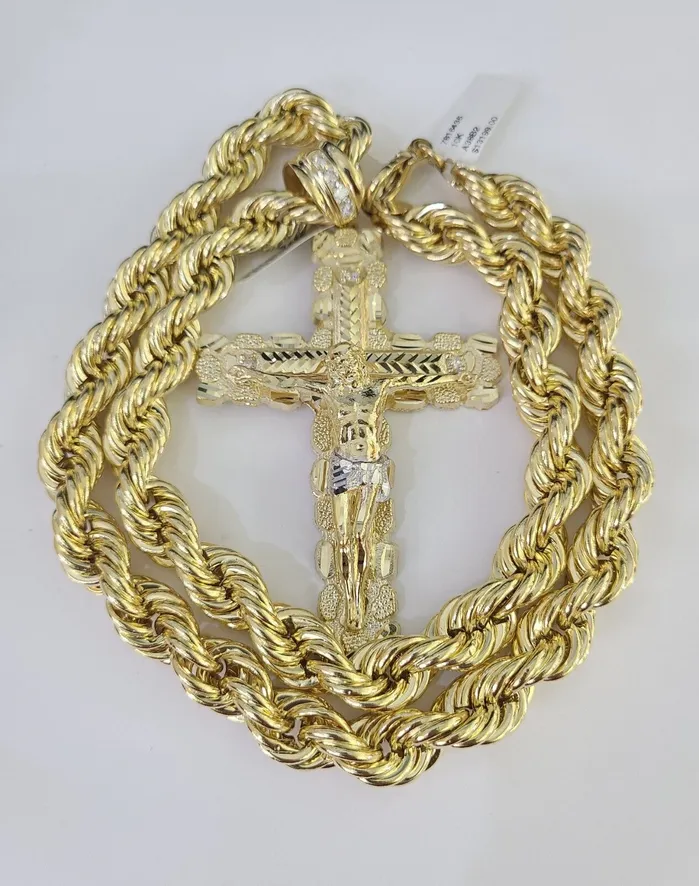 Real 10k Rope Chain Jesus Cross Charm Set 12mm 2030 Inch Necklace Yellow Gold Globalwatches10 Necklaces