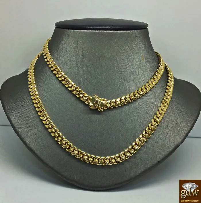 Real 14K Yellow Gold Miami Cuban Chain Necklace 24 inch 8mm Men Link Box Clasp Gold and Diamond Necklaces
